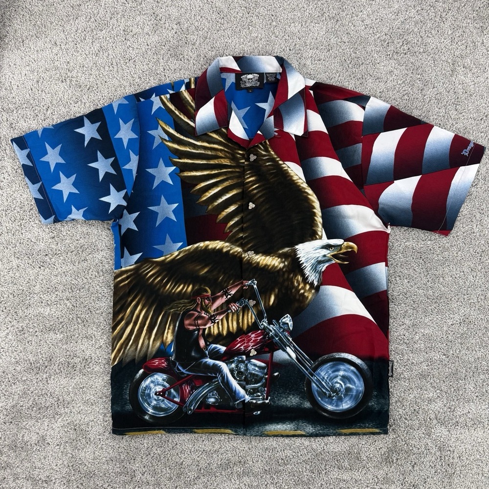 VTG DragonFly Shirt Mens L Motorcycle Biker Bald Eagle American Flag Loop Collar